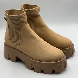 ShoeDazzle Arden Tan Suede Knit Sock Chunky Platform Lug Sole‎ Ankle Boots 9 Y2K